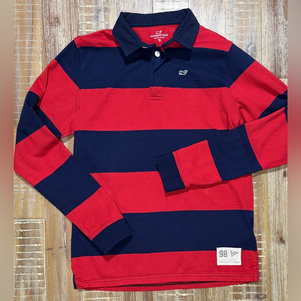 Vineyard Vines Boys Long Sleeve Rugby Polo Shirt Striped Red Navy